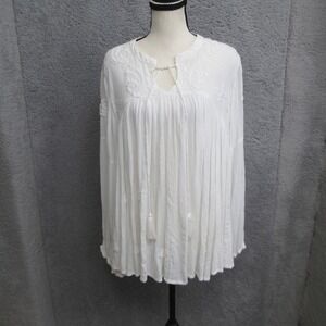 Rachel Zoe Boho Embroidered Blouse Women XL White Tassel Peasant Top Cottagecore